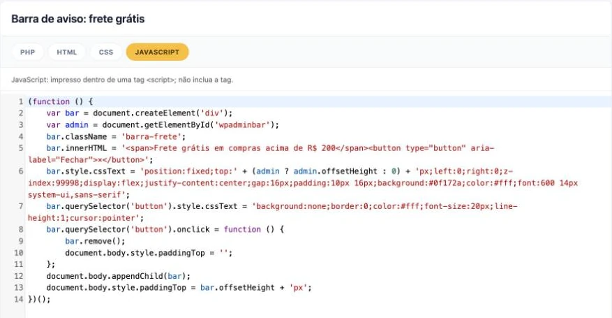 Snippet de JavaScript que cria uma barra de aviso no topo do site
