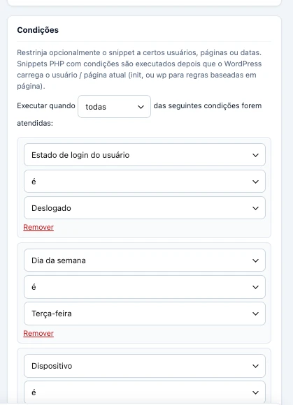 Editor de condições: visitante deslogado, terça-feira e celular