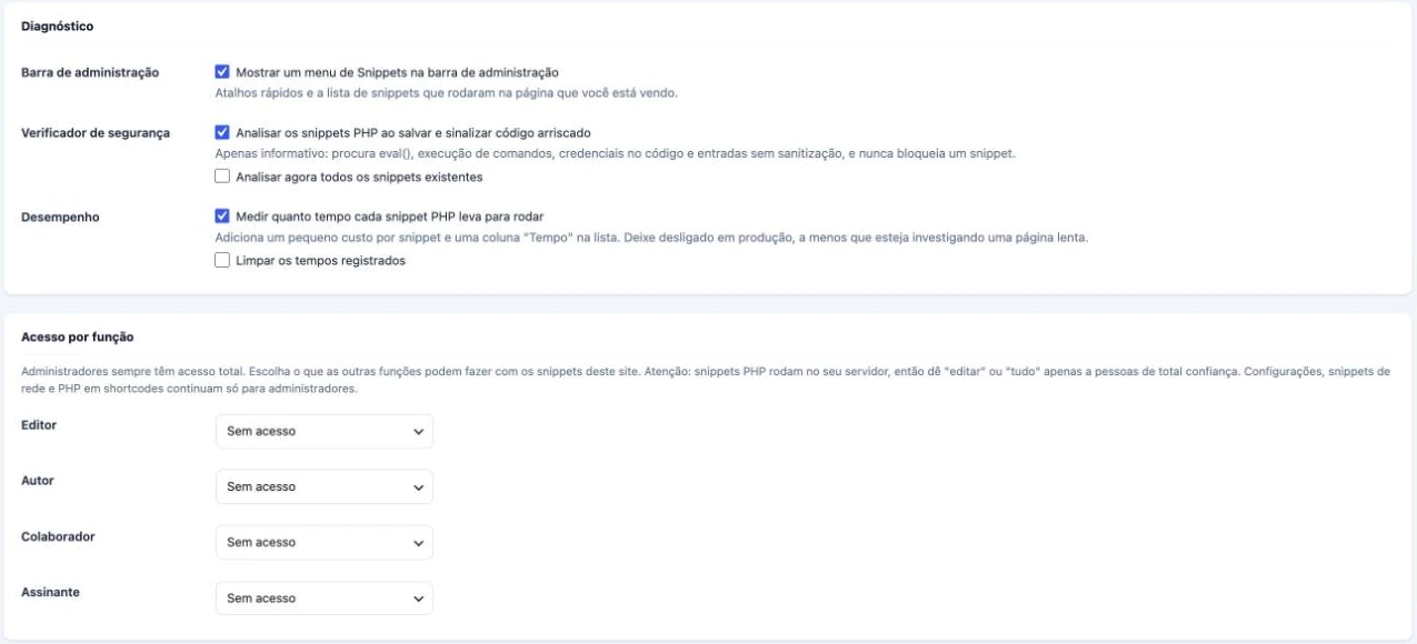 Configurações do plugin: diagnóstico e acesso por função