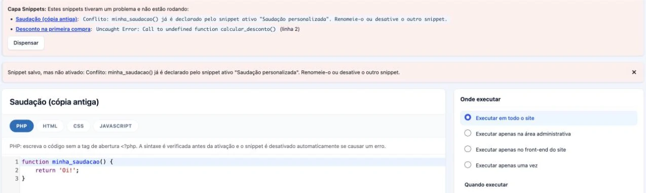 Avisos do painel: conflito de função duplicada e erro de função inexistente, com o motivo, a linha e o snippet envolvido