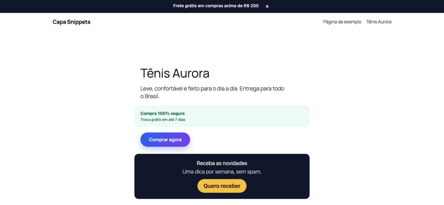 Página do site com o selo de compra 100% segura inserido pelo shortcode